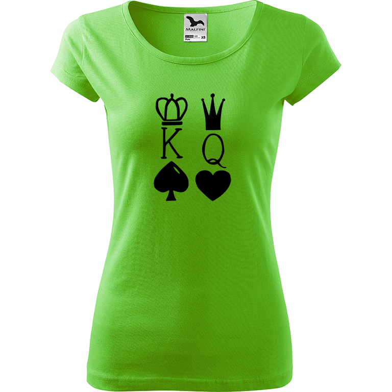 Ručně malované dámské bavlněné tričko - King & Queen Barva trička: SVĚTLE ZELENÁ, Velikost trička: S, Barva motivu: ČERNÁ