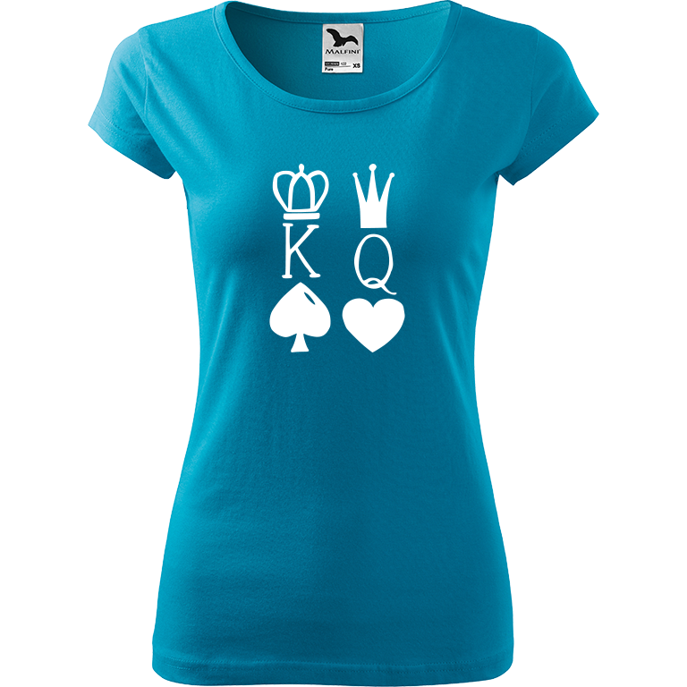 Ručně malované dámské bavlněné tričko - King & Queen Barva trička: TYRKYSOVÁ, Velikost trička: S, Barva motivu: BÍLÁ