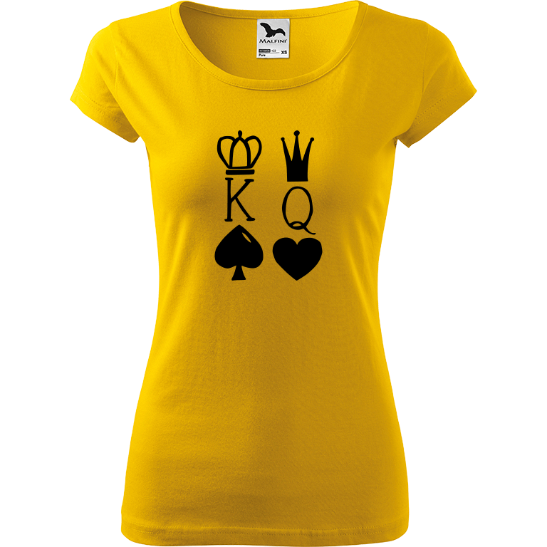 Ručně malované dámské bavlněné tričko - King & Queen Barva trička: ŽLUTÁ, Velikost trička: XXL, Barva motivu: ČERNÁ