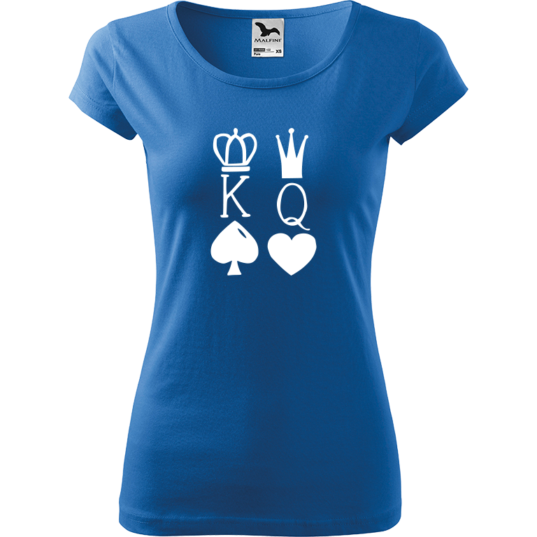Ručně malované dámské bavlněné tričko - King & Queen Barva trička: AZUROVÁ, Velikost trička: XS, Barva motivu: BÍLÁ