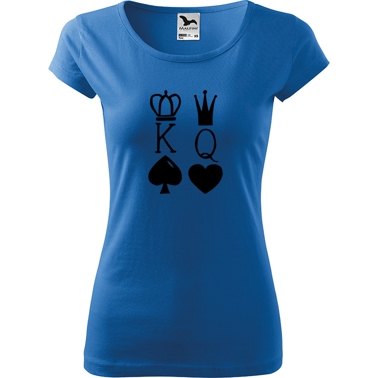 Ručně malované dámské bavlněné tričko - King & Queen Barva trička: AZUROVÁ, Velikost trička: XS, Barva motivu: ČERNÁ