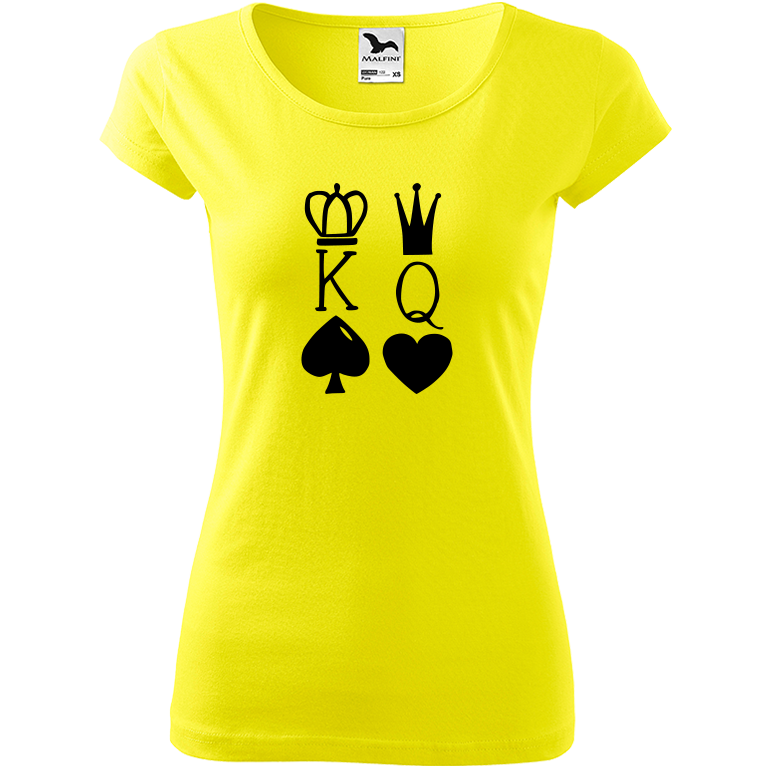 Ručně malované dámské bavlněné tričko - King & Queen Barva trička: CITRONOVÁ, Velikost trička: XS, Barva motivu: ČERNÁ