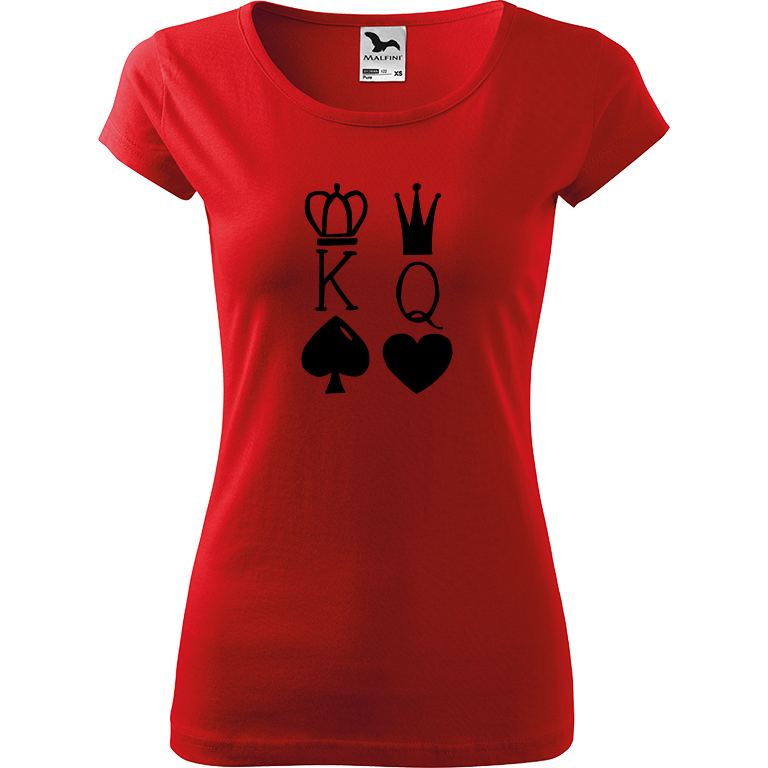 Ručně malované dámské bavlněné tričko - King & Queen Barva trička: ČERVENÁ, Velikost trička: XL, Barva motivu: ČERNÁ