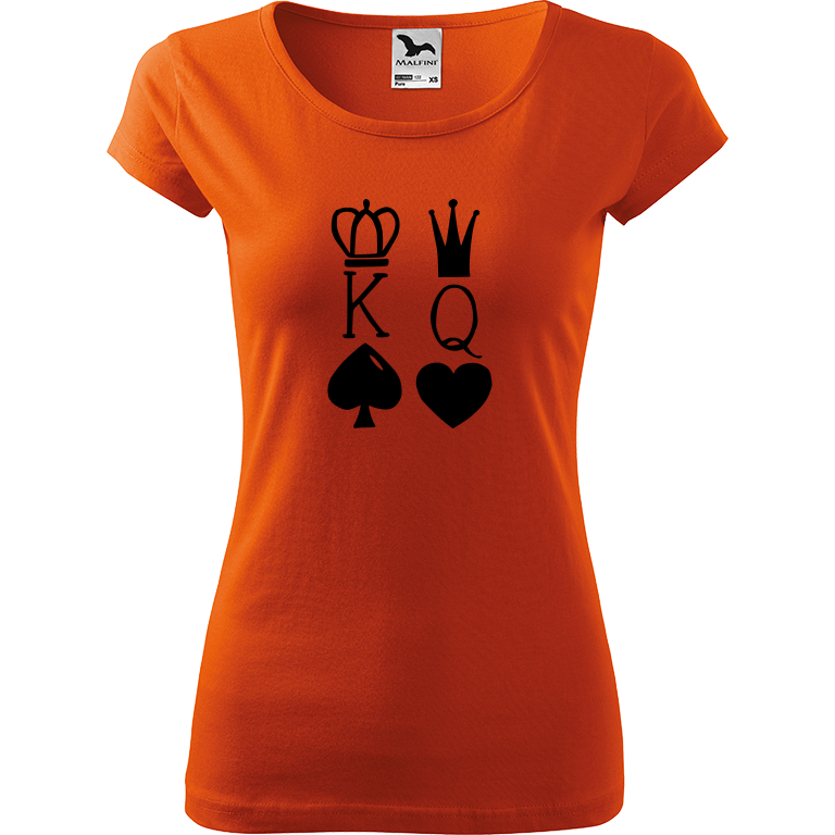 Ručně malované dámské bavlněné tričko - King & Queen Barva trička: ORANŽOVÁ, Velikost trička: XS, Barva motivu: ČERNÁ
