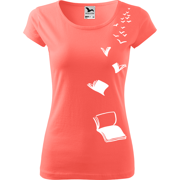 Ručně malované dámské bavlněné tričko - Létající knihy Barva trička: KORÁLOVÁ, Velikost trička: S, Barva motivu: BÍLÁ
