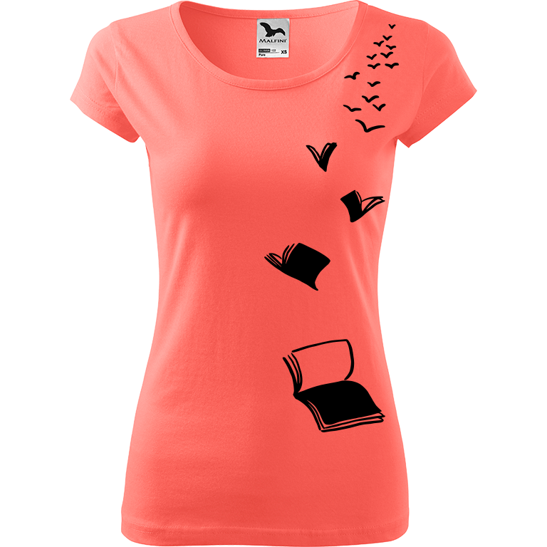 Ručně malované dámské bavlněné tričko - Létající knihy Barva trička: KORÁLOVÁ, Velikost trička: M, Barva motivu: ČERNÁ