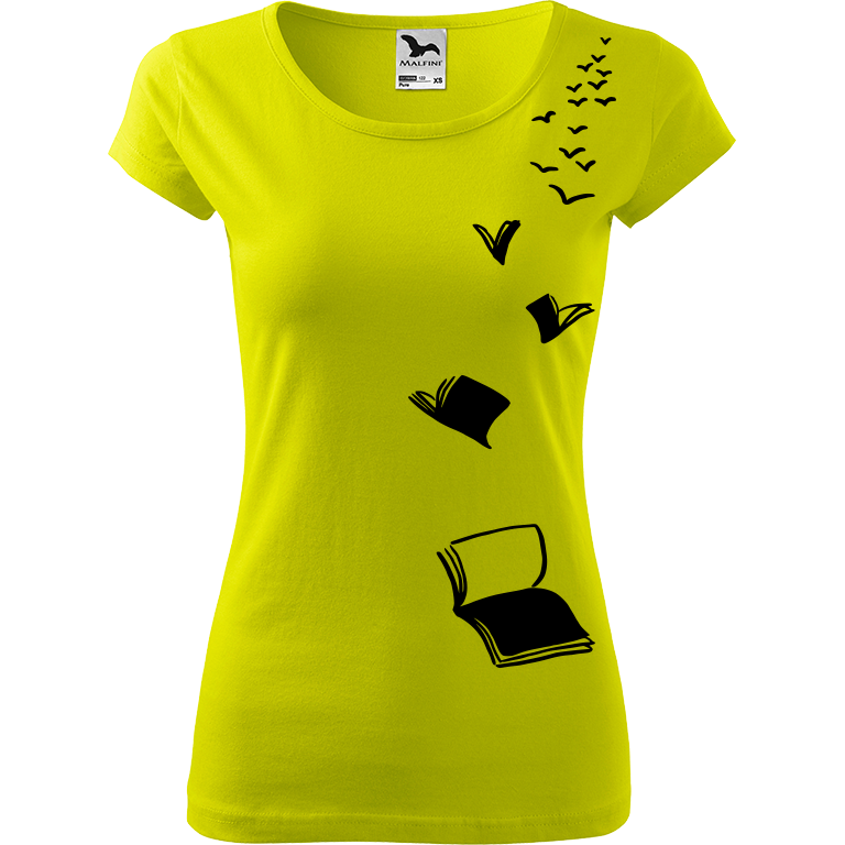 Ručně malované dámské bavlněné tričko - Létající knihy Barva trička: LIMETKOVÁ, Velikost trička: L, Barva motivu: ČERNÁ