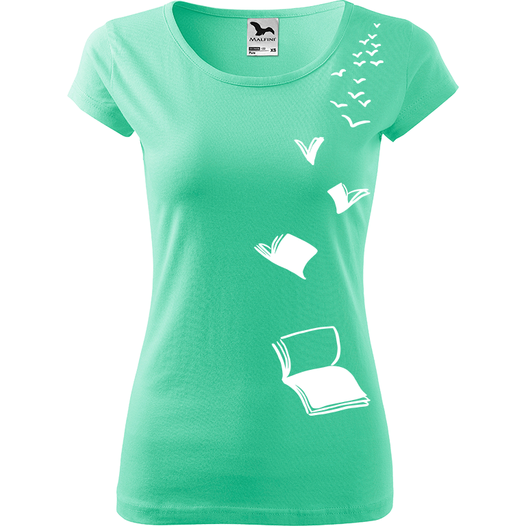 Ručně malované dámské bavlněné tričko - Létající knihy Barva trička: MÁTOVÁ, Velikost trička: M, Barva motivu: BÍLÁ