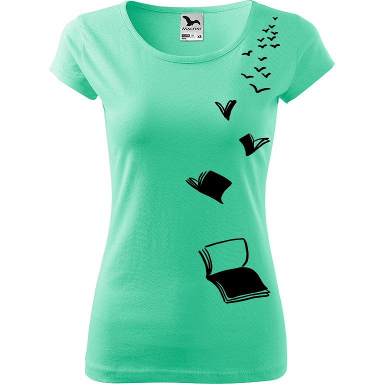 Ručně malované dámské bavlněné tričko - Létající knihy Barva trička: MÁTOVÁ, Velikost trička: M, Barva motivu: ČERNÁ