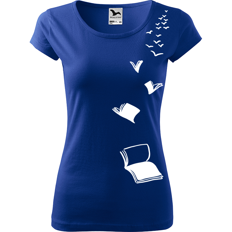 Ručně malované dámské bavlněné tričko - Létající knihy Barva trička: MODRÁ, Velikost trička: M, Barva motivu: BÍLÁ