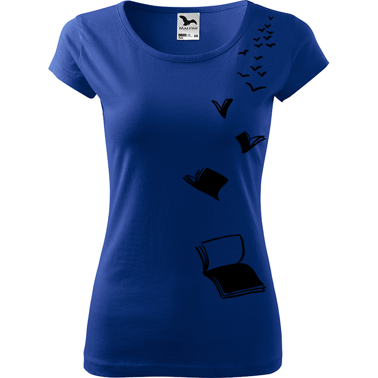 Ručně malované dámské bavlněné tričko - Létající knihy Barva trička: MODRÁ, Velikost trička: XL, Barva motivu: ČERNÁ
