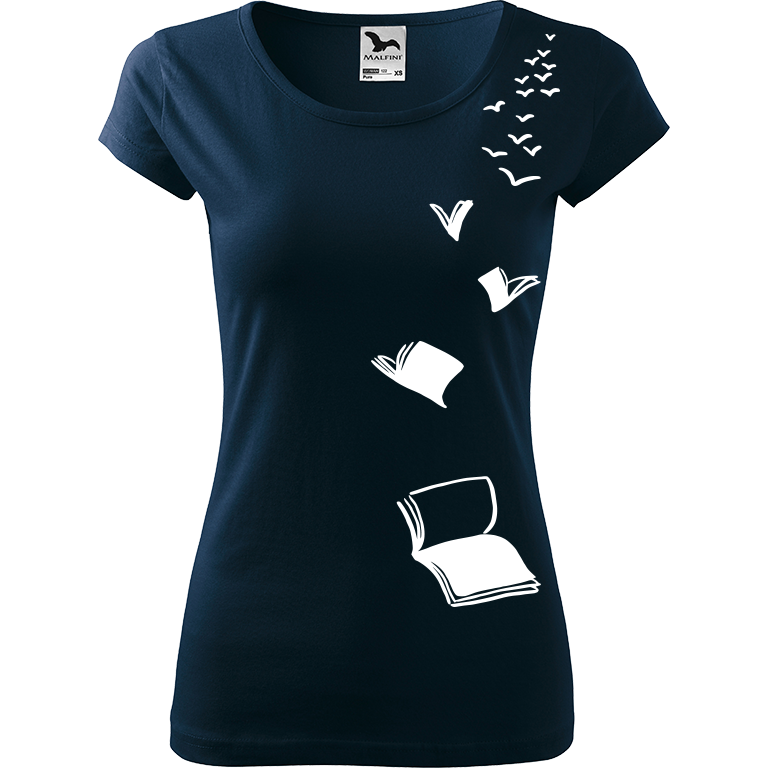 Ručně malované dámské bavlněné tričko - Létající knihy Barva trička: NÁMOŘNICKÁ MODRÁ, Velikost trička: XL, Barva motivu: BÍLÁ