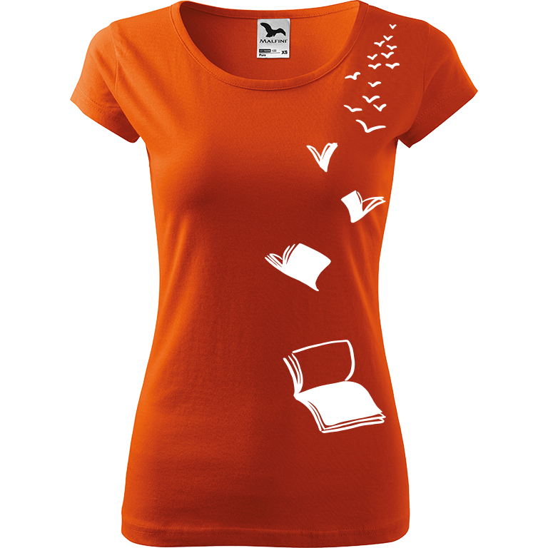 Ručně malované dámské bavlněné tričko - Létající knihy Barva trička: ORANŽOVÁ, Velikost trička: S, Barva motivu: BÍLÁ
