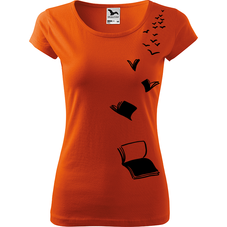 Ručně malované dámské bavlněné tričko - Létající knihy Barva trička: ORANŽOVÁ, Velikost trička: XL, Barva motivu: ČERNÁ