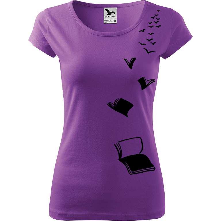 Ručně malované dámské bavlněné tričko - Létající knihy Barva trička: FIALOVÁ, Velikost trička: XL, Barva motivu: ČERNÁ