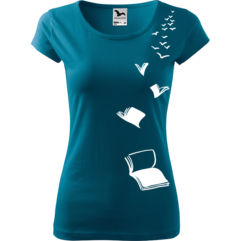 Ručně malované dámské bavlněné tričko - Létající knihy Barva trička: PETROLEJOVÁ, Velikost trička: S, Barva motivu: BÍLÁ