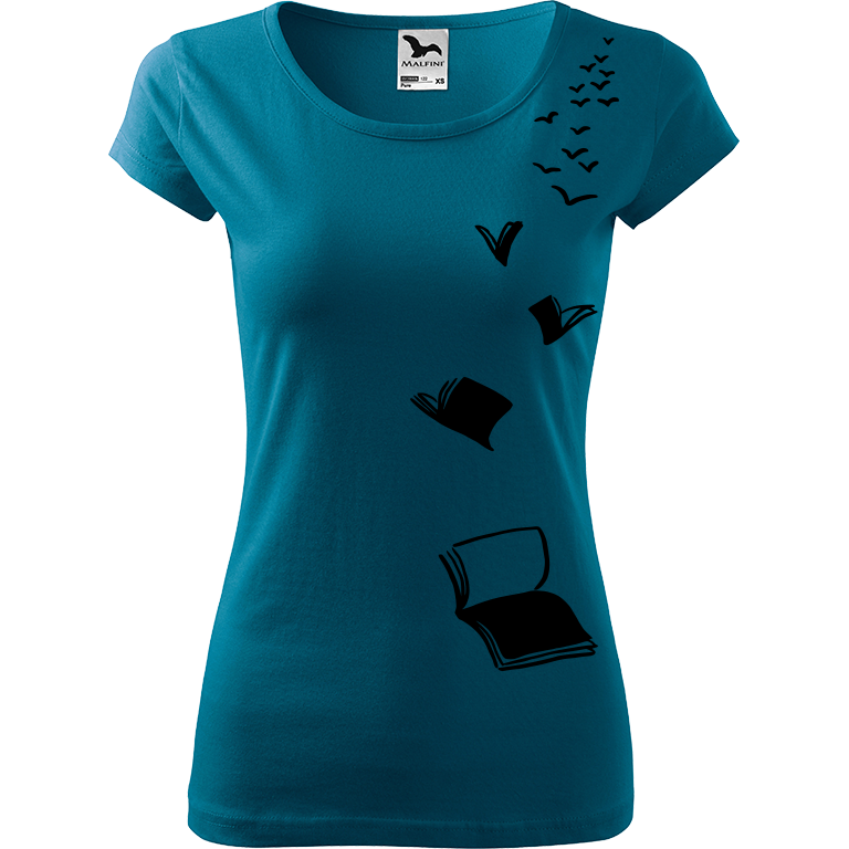Ručně malované dámské bavlněné tričko - Létající knihy Barva trička: PETROLEJOVÁ, Velikost trička: M, Barva motivu: ČERNÁ