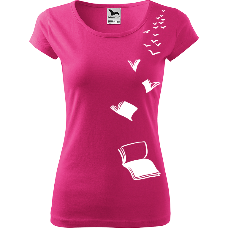 Ručně malované dámské bavlněné tričko - Létající knihy Barva trička: RŮŽOVÁ, Velikost trička: XL, Barva motivu: BÍLÁ