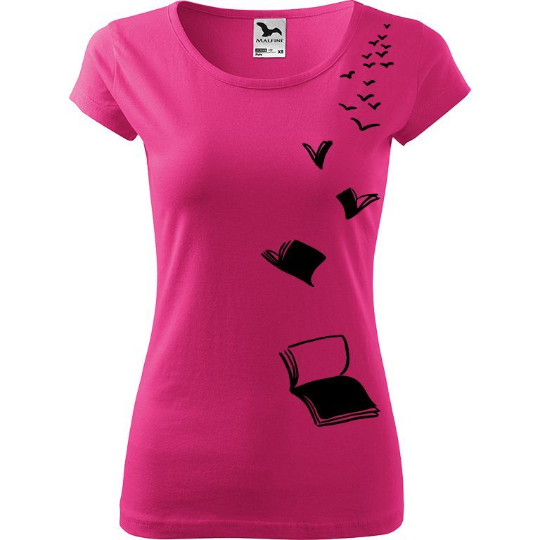 Ručně malované dámské bavlněné tričko - Létající knihy Barva trička: RŮŽOVÁ, Velikost trička: XS, Barva motivu: ČERNÁ