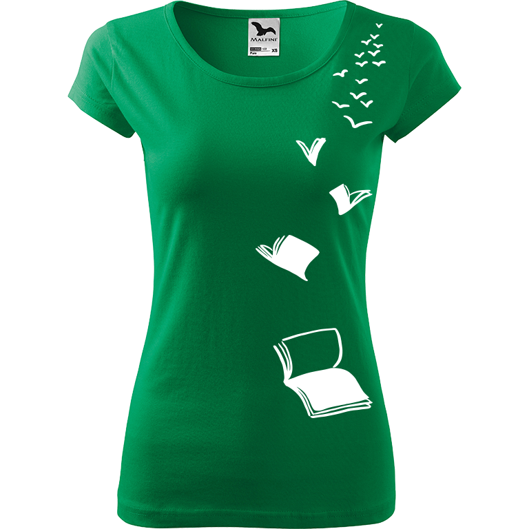 Ručně malované dámské bavlněné tričko - Létající knihy Barva trička: STŘEDNĚ ZELENÁ, Velikost trička: XL, Barva motivu: BÍLÁ