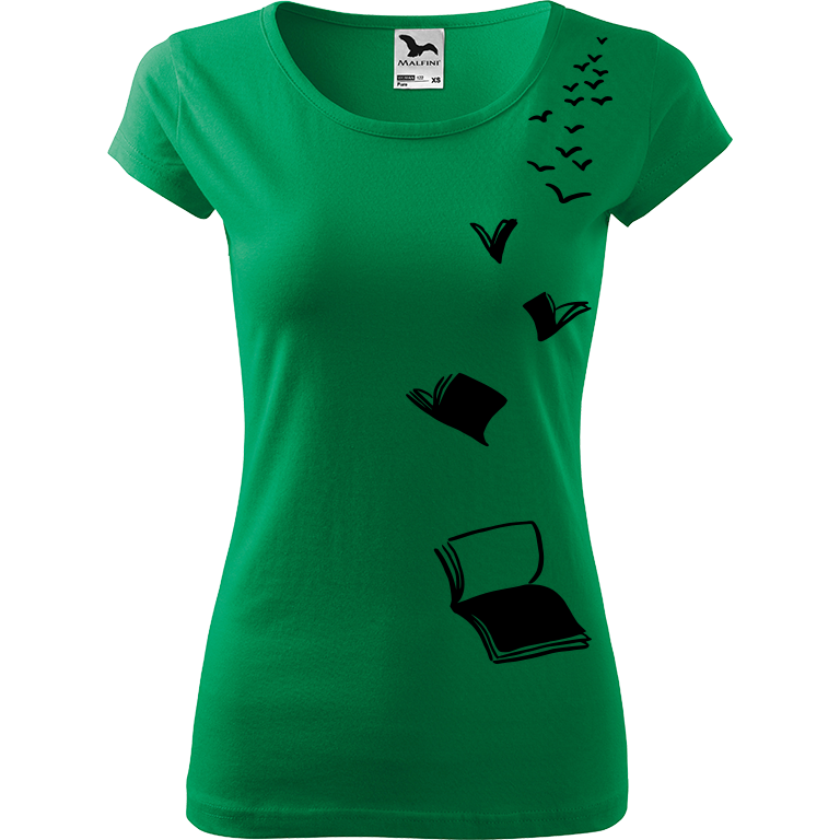 Ručně malované dámské bavlněné tričko - Létající knihy Barva trička: STŘEDNĚ ZELENÁ, Velikost trička: XXL, Barva motivu: ČERNÁ