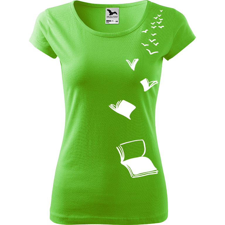 Ručně malované dámské bavlněné tričko - Létající knihy Barva trička: SVĚTLE ZELENÁ, Velikost trička: L, Barva motivu: BÍLÁ