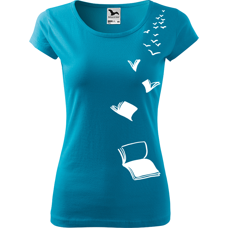Ručně malované dámské bavlněné tričko - Létající knihy Barva trička: TYRKYSOVÁ, Velikost trička: XL, Barva motivu: BÍLÁ