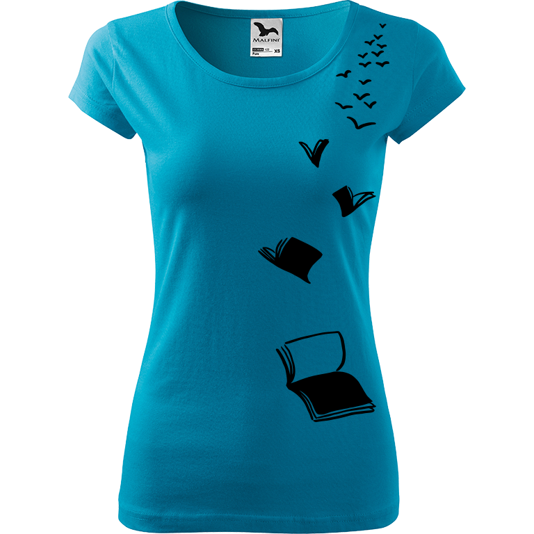 Ručně malované dámské bavlněné tričko - Létající knihy Barva trička: TYRKYSOVÁ, Velikost trička: S, Barva motivu: ČERNÁ