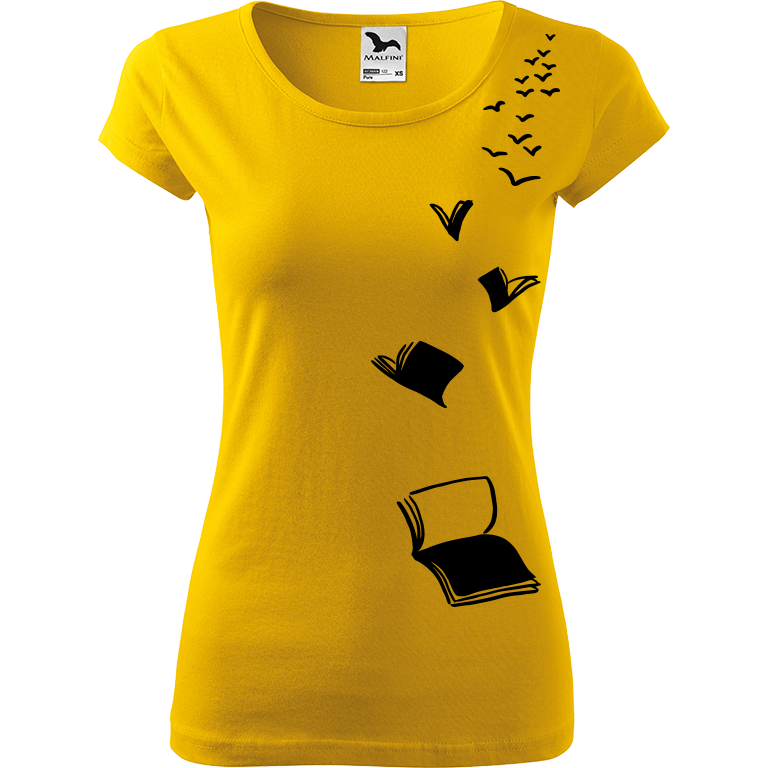 Ručně malované dámské bavlněné tričko - Létající knihy Barva trička: ŽLUTÁ, Velikost trička: XL, Barva motivu: ČERNÁ