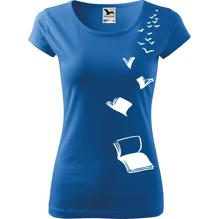 Ručně malované dámské bavlněné tričko - Létající knihy Barva trička: AZUROVÁ, Velikost trička: M, Barva motivu: BÍLÁ