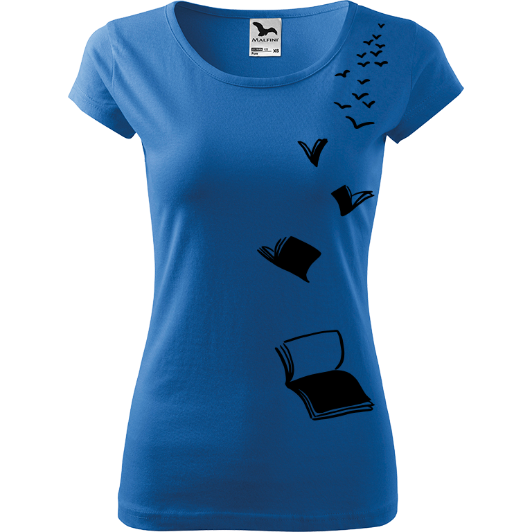 Ručně malované dámské bavlněné tričko - Létající knihy Barva trička: AZUROVÁ, Velikost trička: M, Barva motivu: ČERNÁ