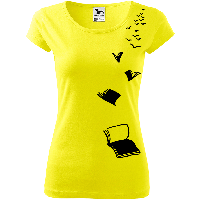 Ručně malované dámské bavlněné tričko - Létající knihy Barva trička: CITRONOVÁ, Velikost trička: M, Barva motivu: ČERNÁ