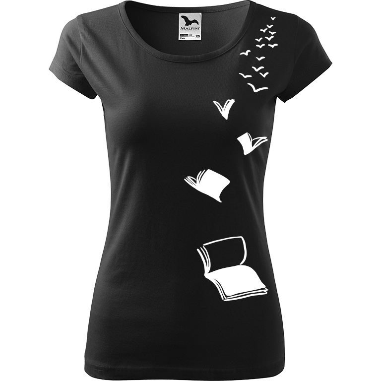 Ručně malované dámské bavlněné tričko - Létající knihy Barva trička: ČERNÁ, Velikost trička: XS, Barva motivu: BÍLÁ
