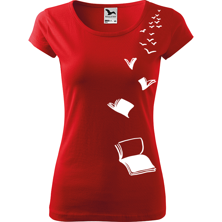 Ručně malované dámské bavlněné tričko - Létající knihy Barva trička: ČERVENÁ, Velikost trička: XL, Barva motivu: BÍLÁ