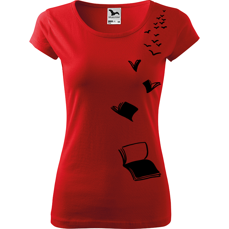 Ručně malované dámské bavlněné tričko - Létající knihy Barva trička: ČERVENÁ, Velikost trička: XXL, Barva motivu: ČERNÁ