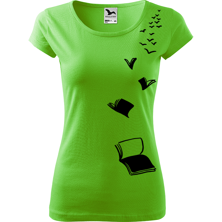 Ručně malované dámské bavlněné tričko - Létající knihy Barva trička: SVĚTLE ZELENÁ, Velikost trička: XS, Barva motivu: ČERNÁ