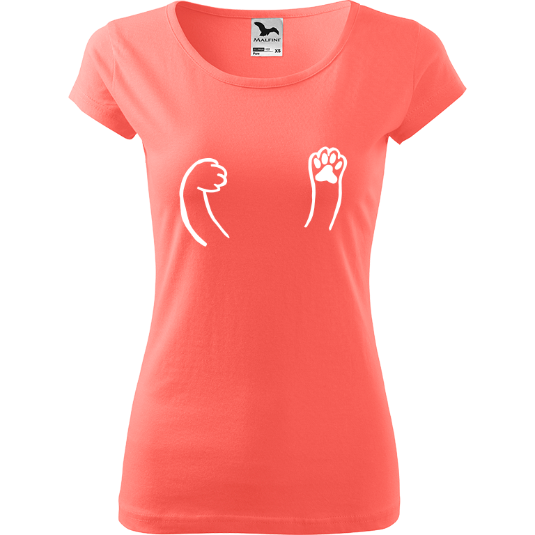 Ručně malované dámské bavlněné tričko - Kočičí packy Barva trička: KORÁLOVÁ, Velikost trička: XL, Barva motivu: BÍLÁ