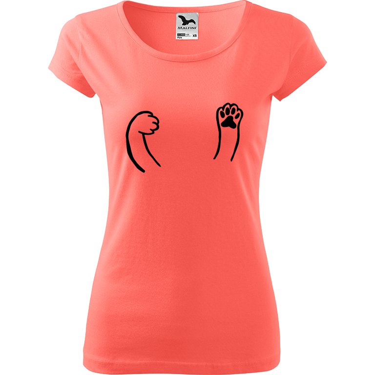 Ručně malované dámské bavlněné tričko - Kočičí packy Barva trička: KORÁLOVÁ, Velikost trička: M, Barva motivu: ČERNÁ