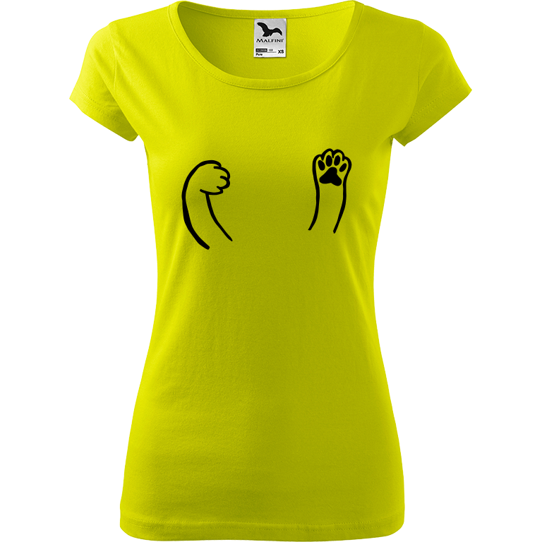 Ručně malované dámské bavlněné tričko - Kočičí packy Barva trička: LIMETKOVÁ, Velikost trička: S, Barva motivu: ČERNÁ