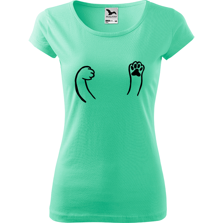 Ručně malované dámské bavlněné tričko - Kočičí packy Barva trička: MÁTOVÁ, Velikost trička: XS, Barva motivu: ČERNÁ