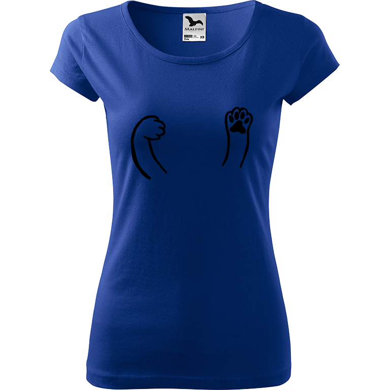 Ručně malované dámské bavlněné tričko - Kočičí packy Barva trička: MODRÁ, Velikost trička: L, Barva motivu: ČERNÁ