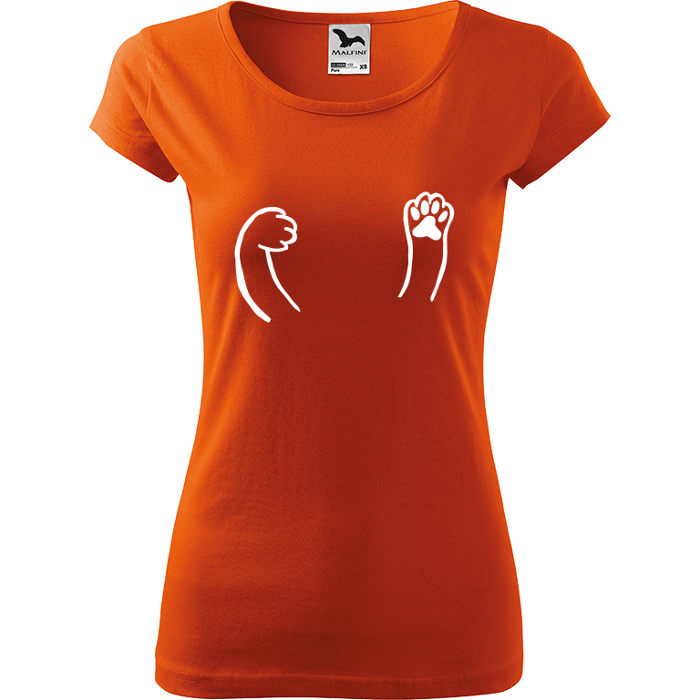 Ručně malované dámské bavlněné tričko - Kočičí packy Barva trička: ORANŽOVÁ, Velikost trička: XL, Barva motivu: BÍLÁ