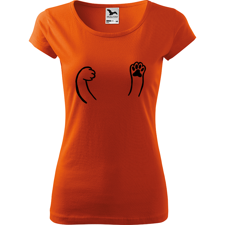 Ručně malované dámské bavlněné tričko - Kočičí packy Barva trička: ORANŽOVÁ, Velikost trička: S, Barva motivu: ČERNÁ
