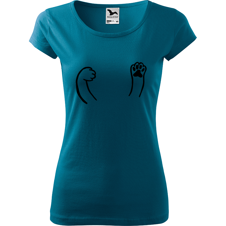 Ručně malované dámské bavlněné tričko - Kočičí packy Barva trička: PETROLEJOVÁ, Velikost trička: XXL, Barva motivu: ČERNÁ