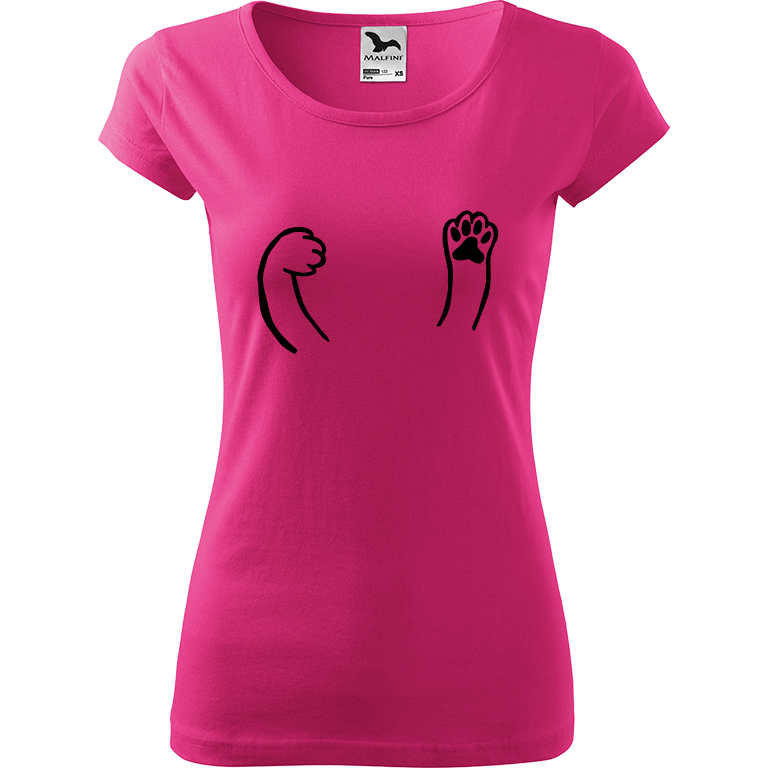 Ručně malované dámské bavlněné tričko - Kočičí packy Barva trička: RŮŽOVÁ, Velikost trička: XXL, Barva motivu: ČERNÁ