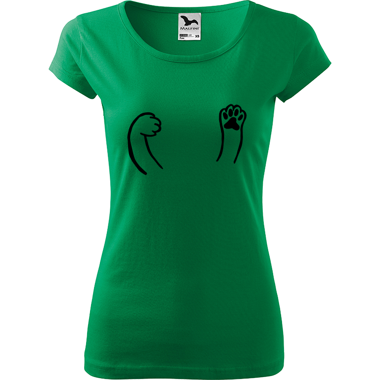 Ručně malované dámské bavlněné tričko - Kočičí packy Barva trička: STŘEDNĚ ZELENÁ, Velikost trička: XS, Barva motivu: ČERNÁ