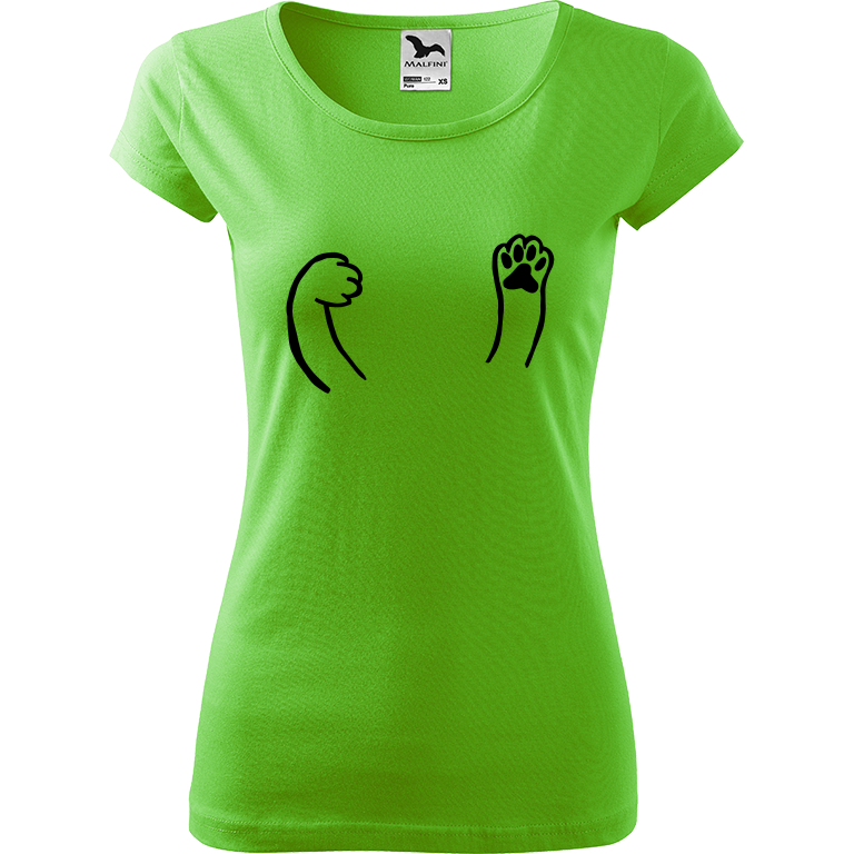 Ručně malované dámské bavlněné tričko - Kočičí packy Barva trička: SVĚTLE ZELENÁ, Velikost trička: S, Barva motivu: ČERNÁ