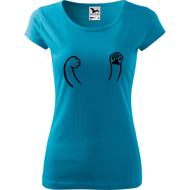 Ručně malované dámské bavlněné tričko - Kočičí packy Barva trička: TYRKYSOVÁ, Velikost trička: XS, Barva motivu: ČERNÁ