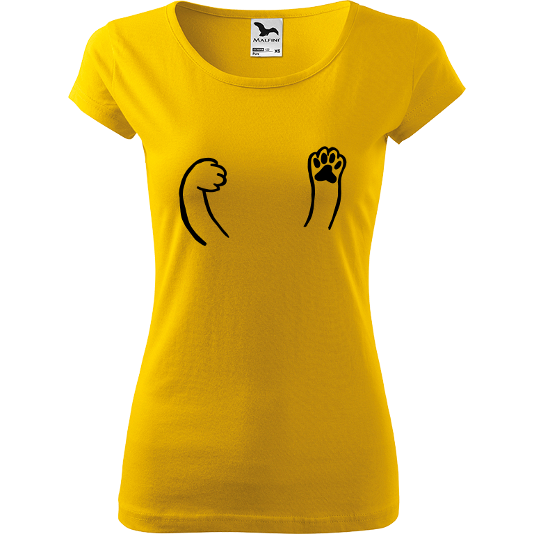 Ručně malované dámské bavlněné tričko - Kočičí packy Barva trička: ŽLUTÁ, Velikost trička: M, Barva motivu: ČERNÁ