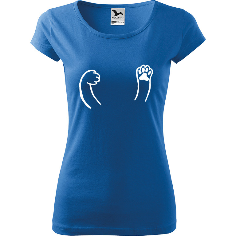 Ručně malované dámské bavlněné tričko - Kočičí packy Barva trička: AZUROVÁ, Velikost trička: XL, Barva motivu: BÍLÁ